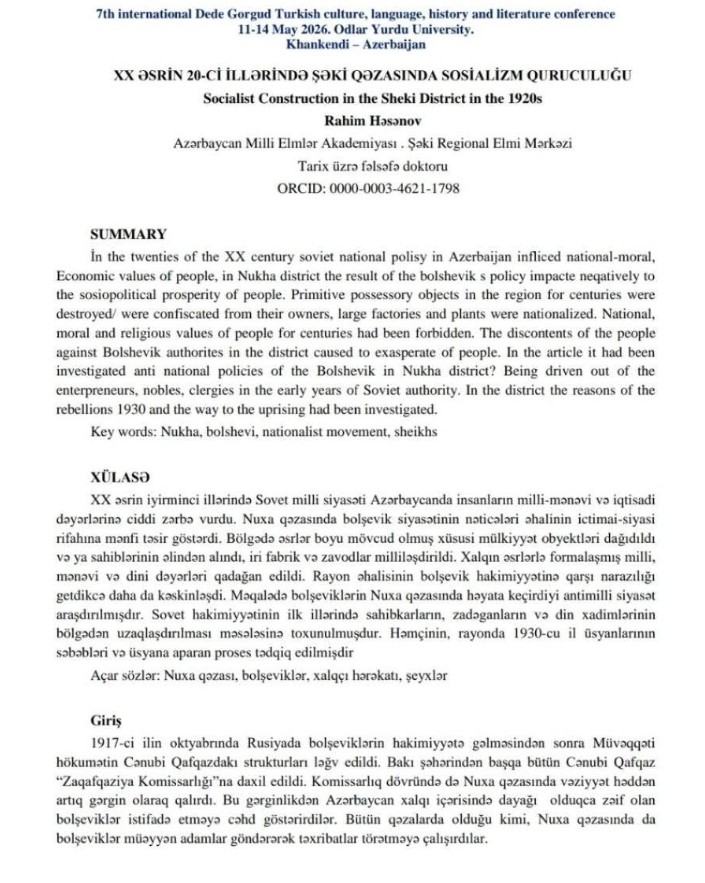 Şəki REM əməkdaşının məqaləsi beynəlxalq konfransın materiallar toplusunda çap olunub