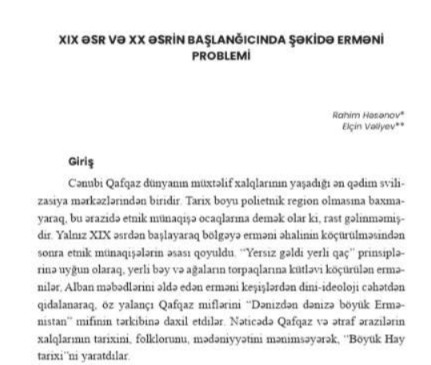 "XIX əsr və XX əsrin başlanğıcında Şəkidə erməni problemi" adlı məqalə dərc olunub