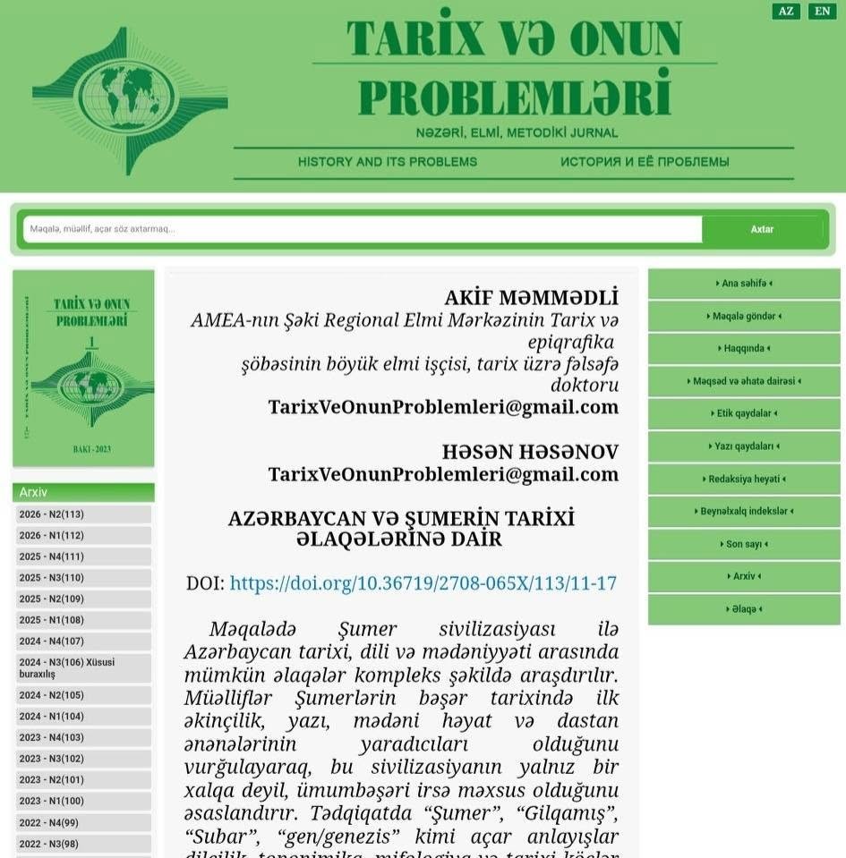 Akif Məmmədlinin "Azərbaycan və Şumerin tarixi əlaqələrinə dair" məqaləsi nəşr olunub