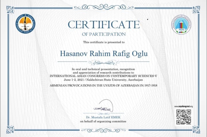 AMEA-nın Şəki REM-nin əməkdaşı Rahim Həsənov 1-2 iyun 2021– ci il tarixində keçirilən V Uluslararası konfransda iştirak etmiş